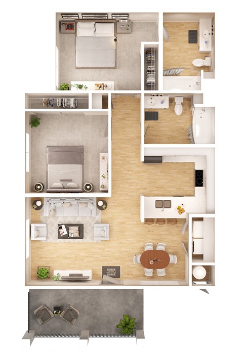 a floor plan of a two bedroom apartment with two bathrooms and a balcony